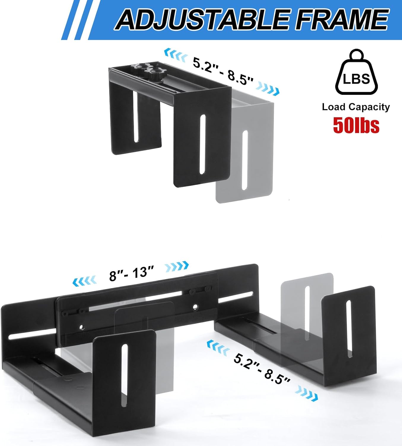 PC Wall Mount Adjustable Bracket Open Frame, Width Adjustable from 5.2" to 8.5", Thickened Steel Computer Tower Wall Mount for Full Tower Computer, PC Holder for Home Office Computer Case CPU Holder