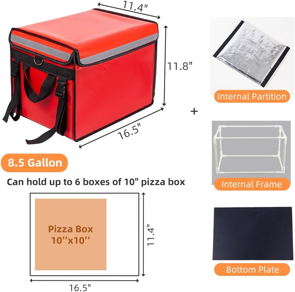 Red Insulated Bags For Food Delivery 16.5" x 11.4" x 11.8", Commercial Insulated Food Delivery Bag w/Divider, Waterproof & Foldable Catering Bag