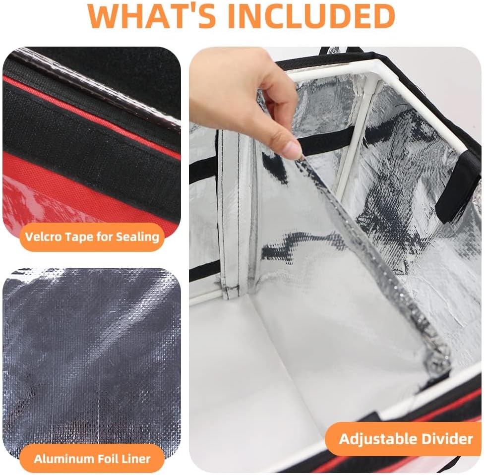 Red Insulated Bags For Food Delivery 16.5" x 11.4" x 11.8", Commercial Insulated Food Delivery Bag w/Divider, Waterproof & Foldable Catering Bag