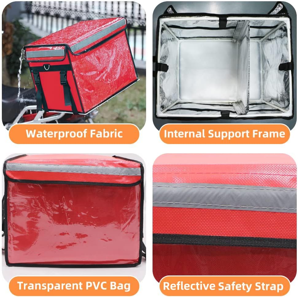 Red Insulated Bags For Food Delivery 16.5" x 11.4" x 11.8", Commercial Insulated Food Delivery Bag w/Divider, Waterproof & Foldable Catering Bag