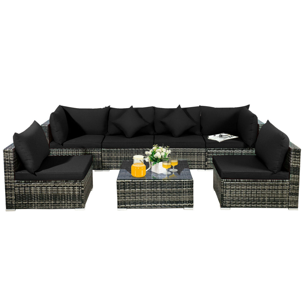 7PCS Patio Rattan Furniture Set Sectional Sofa Garden Black Cushion  HW68058BK+