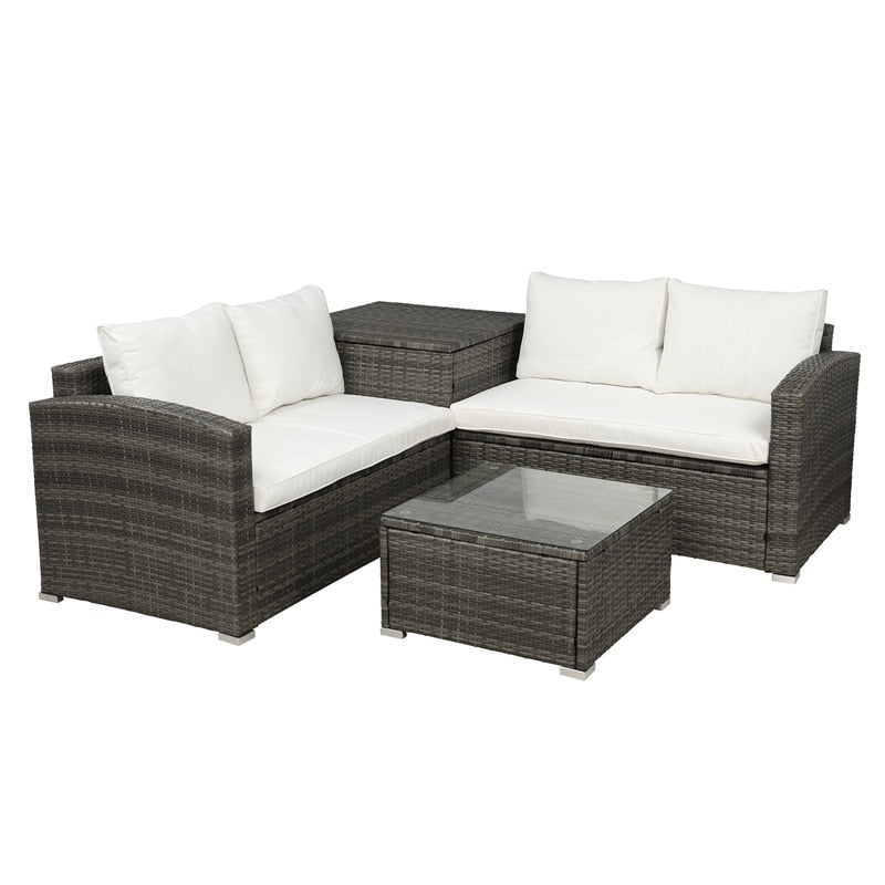 4 PCS Outdoor Cushioned PE Rattan Wicker Sectional Sofa Set Garden Patio Furniture Set With Storage Space