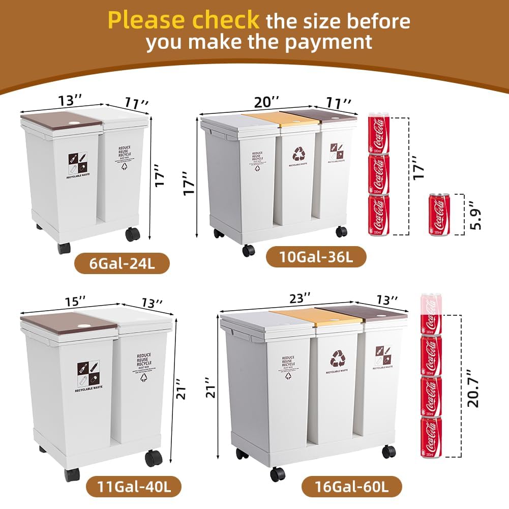 11Gallon - 20L x 2 Compartment Trash Can with Wheels, Double Garbage Can and Recycling Bin with Lid, Detachable & Press-Open Lid Sorting Trash Can Kitchen