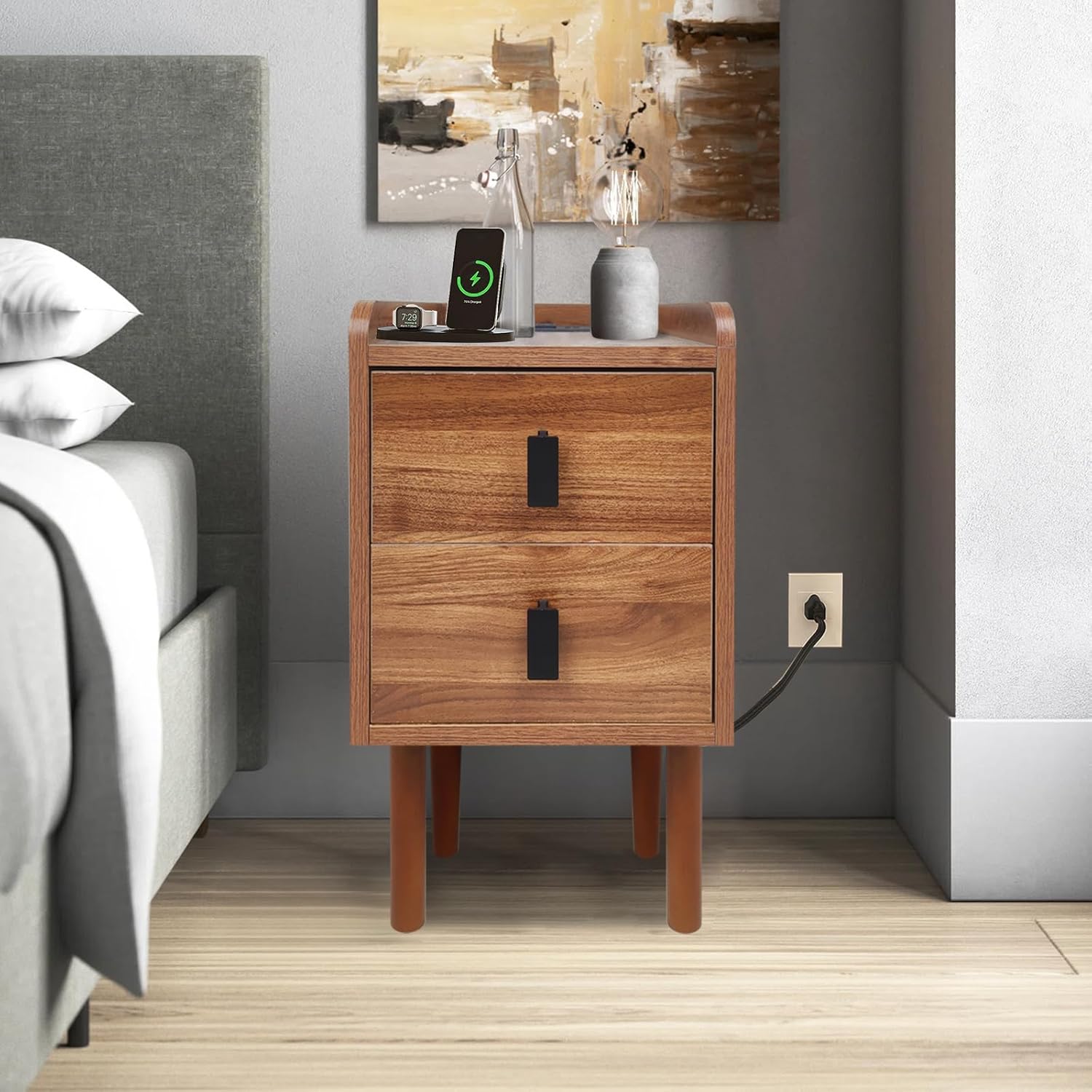 2- Drawer Narrow Nightstand with Charging Station and USB Port