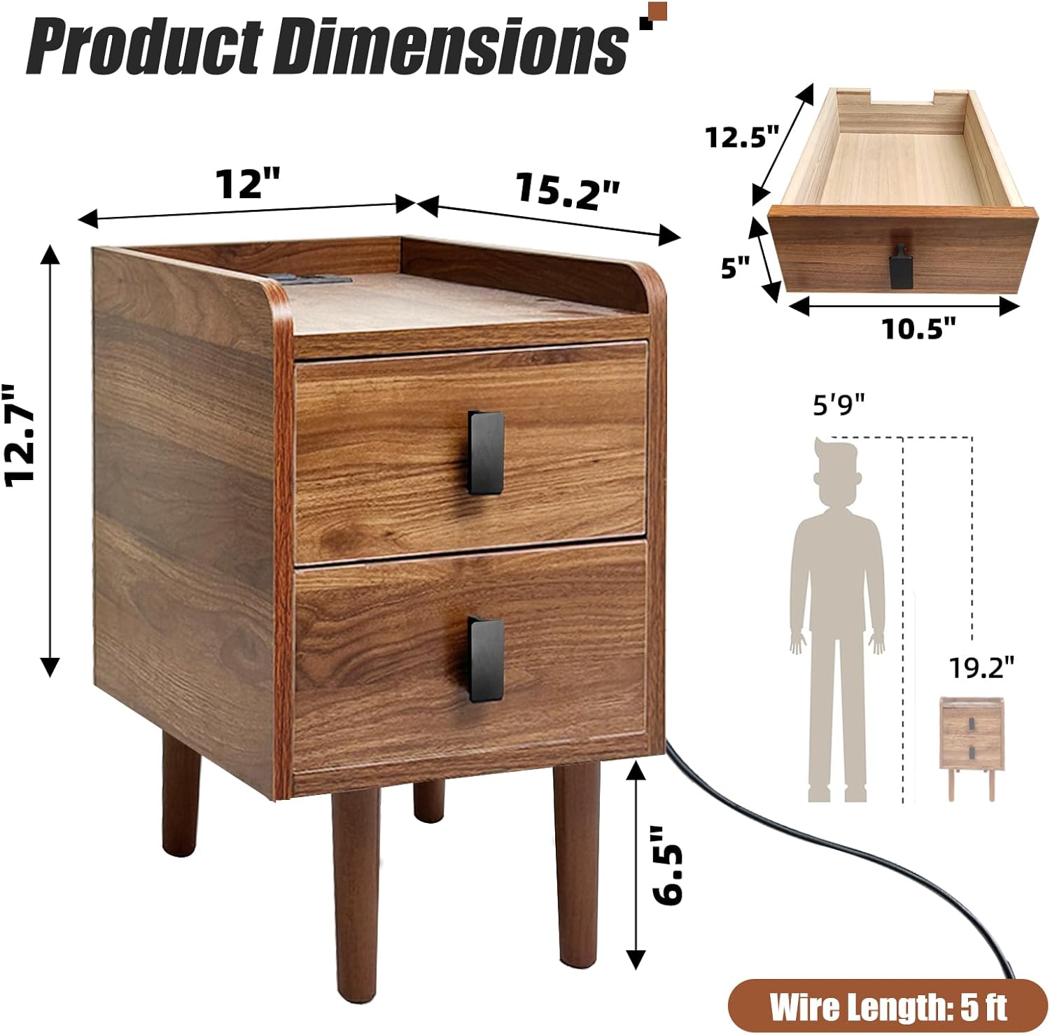 2- Drawer Narrow Nightstand with Charging Station and USB Port