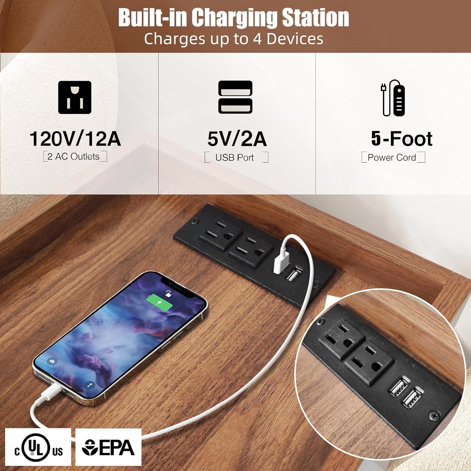 2- Drawer Narrow Nightstand with Charging Station and USB Port