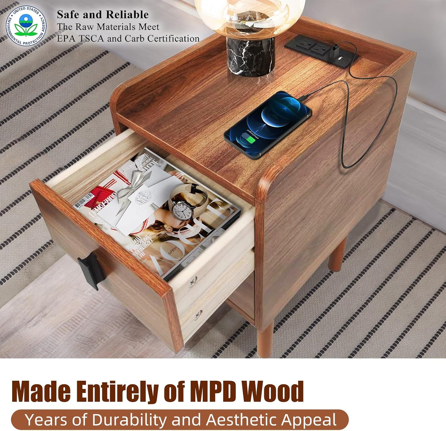 2- Drawer Narrow Nightstand with Charging Station and USB Port