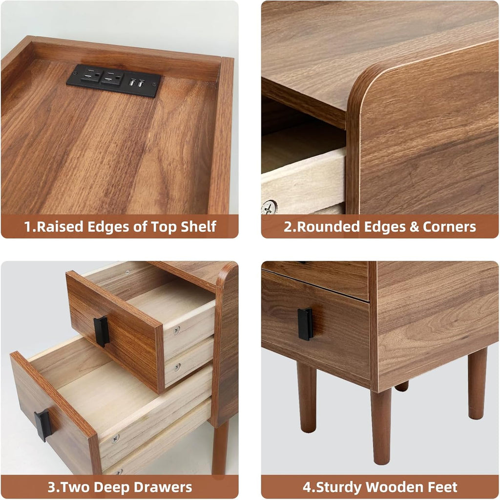 2- Drawer Narrow Nightstand with Charging Station and USB Port