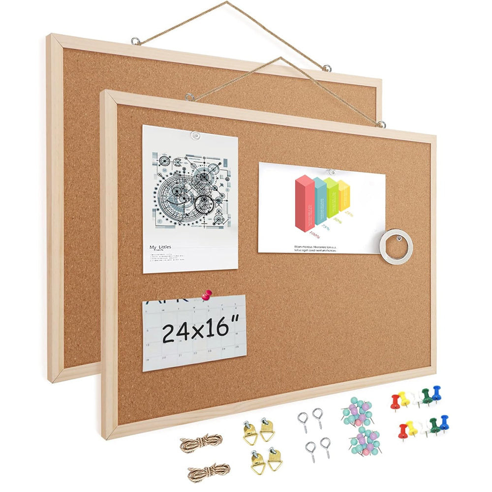 2 Pack 16” x 24” Cork Boards for Walls with Wooden Frame, Double Sided Office Board for Wall Organizer