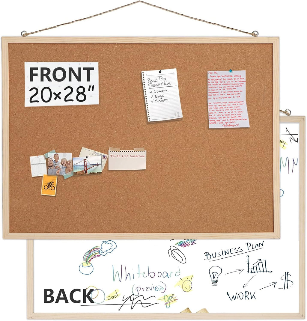 2 Pack 20" x 28" Cork Boards for Walls with Wooden Frame, Whiteboard and Cork Board Combo Double Sides Office Board for Wall Organizer for Home & Office