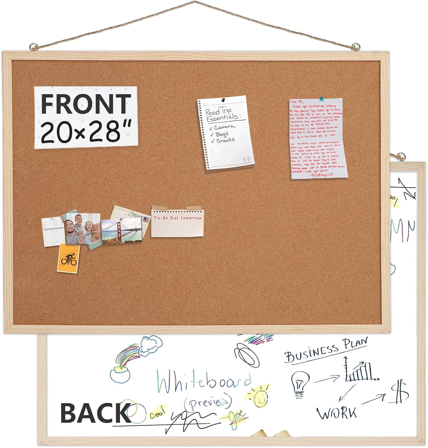 2 Pack 20" x 28" Cork Boards for Walls with Wooden Frame, Whiteboard and Cork Board Combo Double Sides Office Board for Wall Organizer for Home & Office
