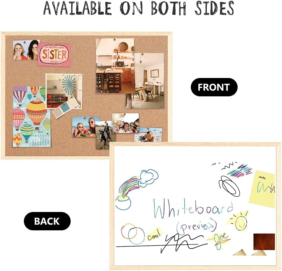 2 Pack 20" x 28" Cork Boards for Walls with Wooden Frame, Whiteboard and Cork Board Combo Double Sides Office Board for Wall Organizer for Home & Office