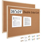 2 Pack 24” x 36” Cork Boards for Walls with Wooden Frame, Double Sided Office Board for Wall Organizer, Bulletins Board Decorative Hanging Pin Notice Board for School, Home & Office