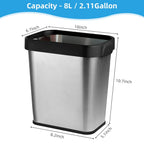 2 Pack Stainless Steel Open Top Trash Can 2 Gallon for Kitchen, Bathroom, Living Room, Office