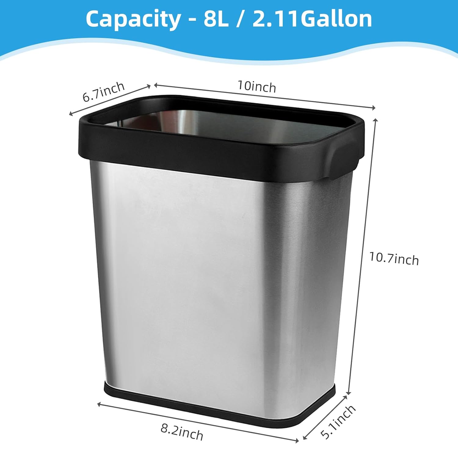 2 Pack Stainless Steel Open Top Trash Can 2 Gallon for Kitchen, Bathroom, Living Room, Office