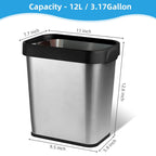 2 Pack Stainless Steel Open Top Trash Can 3 Gallon, 8" x 11" x 13" for Kitchen, Bathroom, Living Room, Office