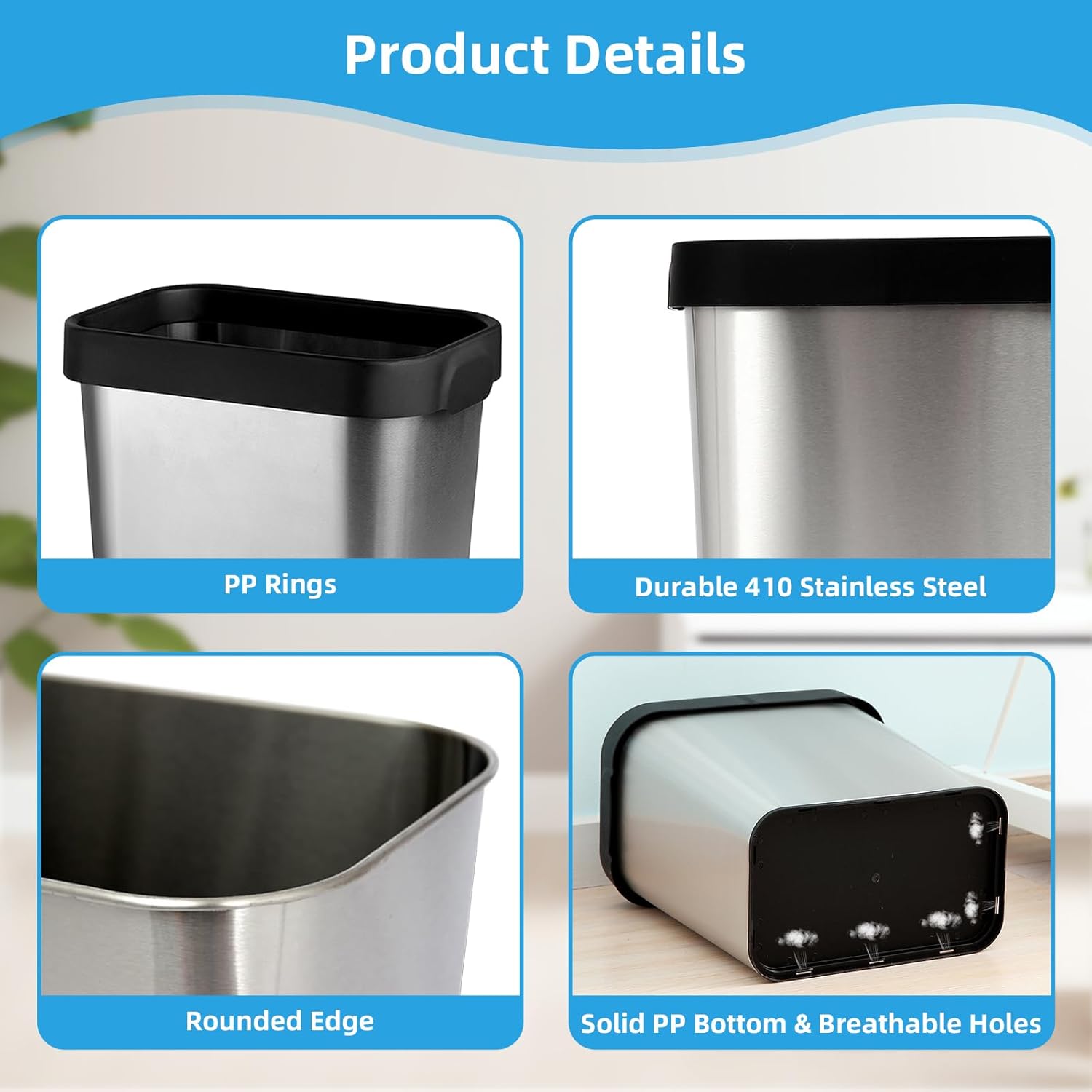 2 Pack Stainless Steel Open Top Trash Can 3 Gallon, 8" x 11" x 13" for Kitchen, Bathroom, Living Room, Office