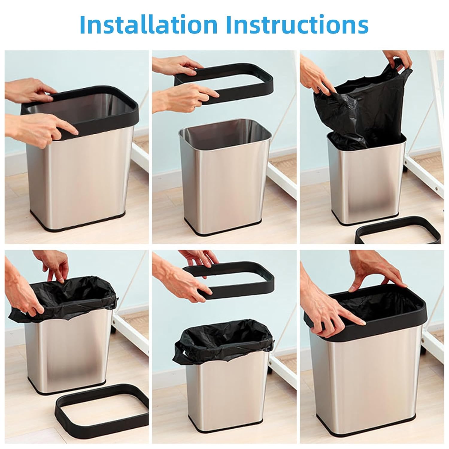 2 Pack Stainless Steel Open Top Trash Can 3 Gallon, 8" x 11" x 13" for Kitchen, Bathroom, Living Room, Office