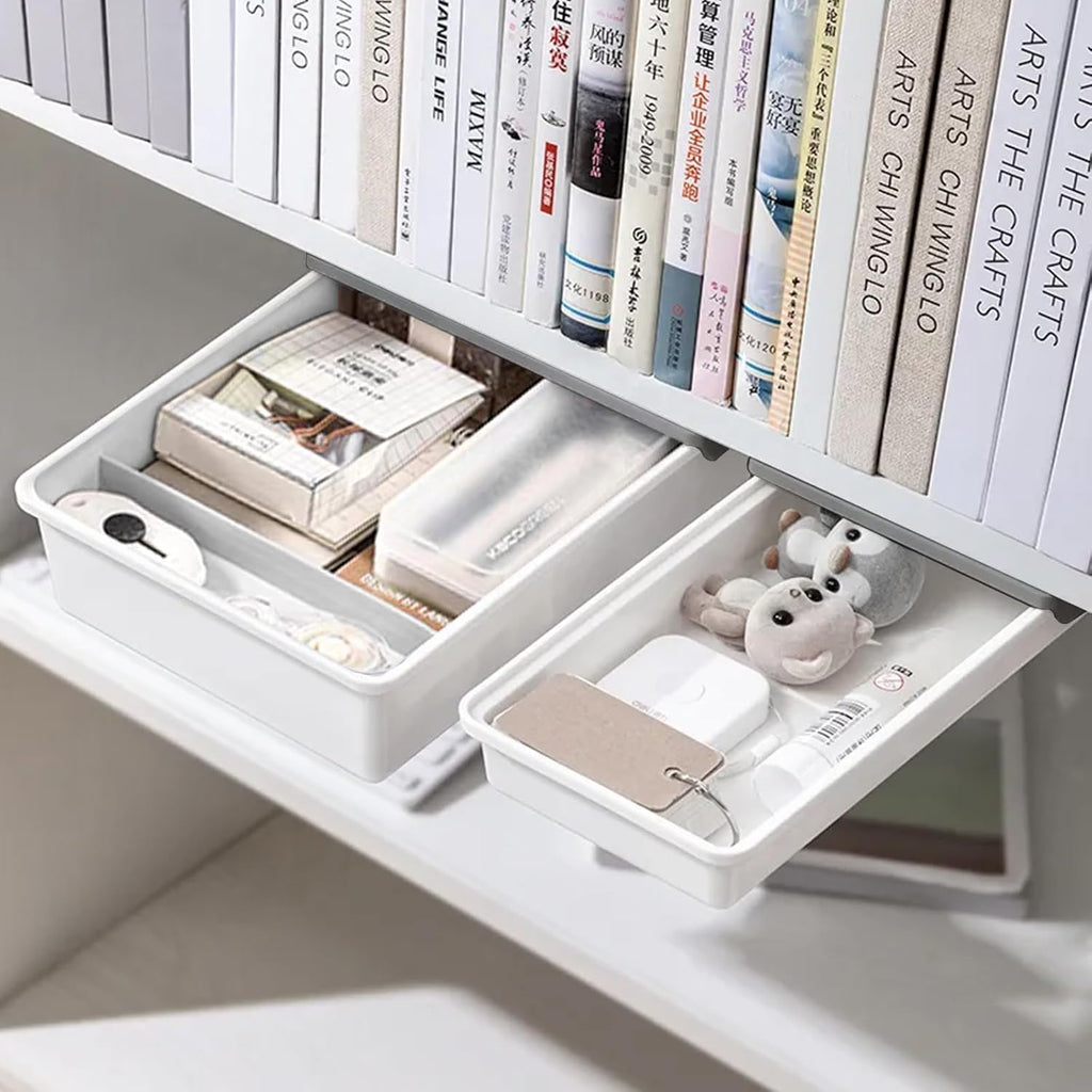 2 Pack Under Desk Drawer Slide Out, Self-Adhesive Drawer Under Desk Storage Drawers Under Shelf Drawer Pull Out, Under Cabinet Drawers Slide Out