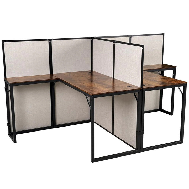 2 Person Cubicle Computer Desk with Privacy Panels - 95”L x 47”W x 47”H Wood and Metal Office Cubicle Workstation with Bamboo Fiber Panels, L-Shape Cubicle Table for Office