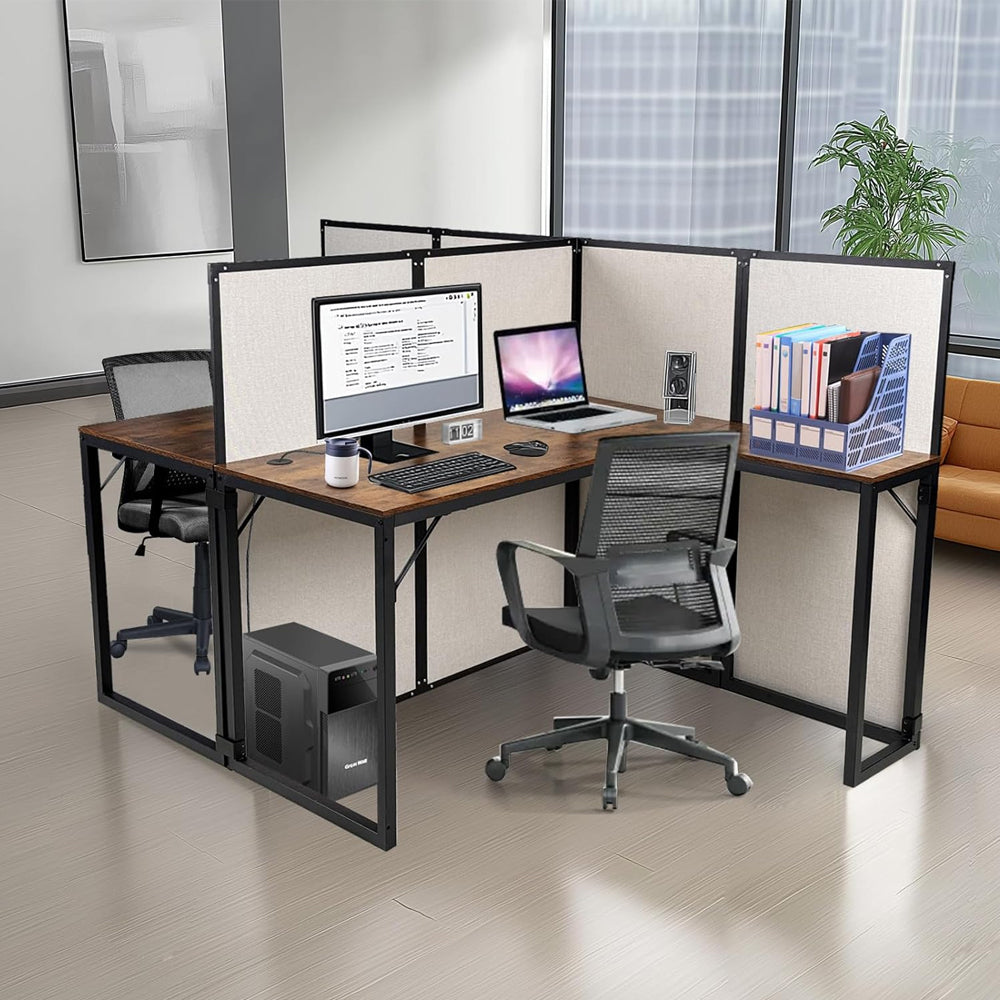 2 Person Cubicle Computer Desk with Privacy Panels - 95”L x 47”W x 47”H Wood and Metal Office Cubicle Workstation with Bamboo Fiber Panels, L-Shape Cubicle Table for Office