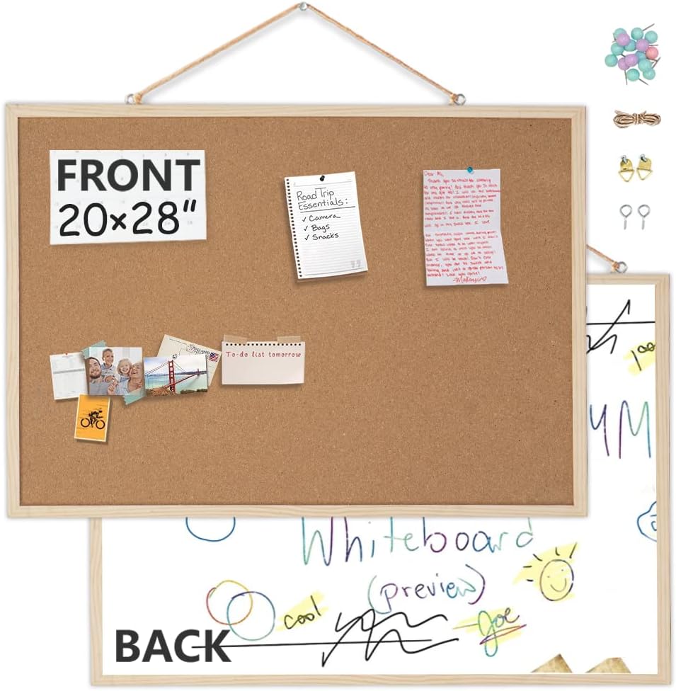 20" x 28" Cork Boards for Walls with Wooden Frame 1 Pack, Whiteboard and Cork Board Combo Double Sides Office Board for Wall Organizer