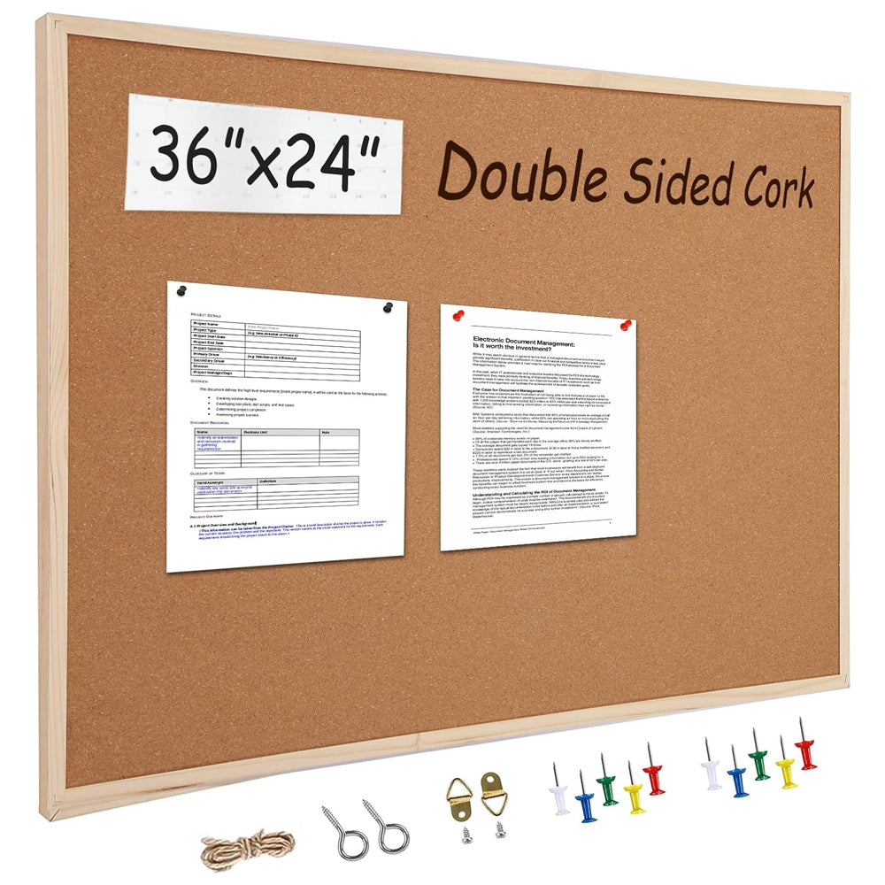 24” x 36” Cork Boards for Walls with Wooden Frame 1pack, Double Sided Office Board for Wall Organizer, Bulletins Board Decorative Hanging Pin Board for School, Home & Office, Notice Board Memo Board