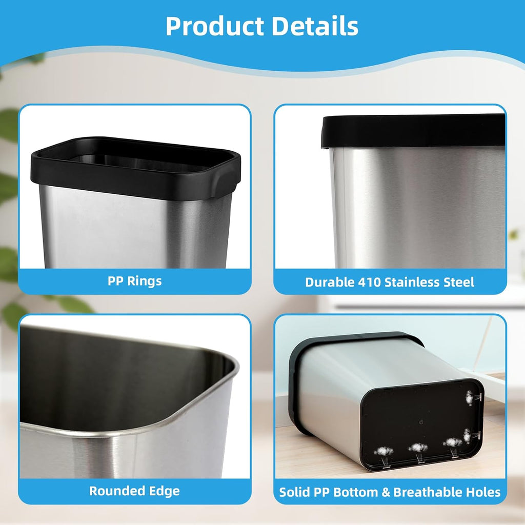3 Pack Stainless Steel Trash Can 2 Gallon, Open Top Trash Can, 7" x 10" x 11", Rectangle Trash Can Kitchen - Slim and Narrow, Small Trash Can No Lid for Kitchen, Bathroom, Living Room, Office