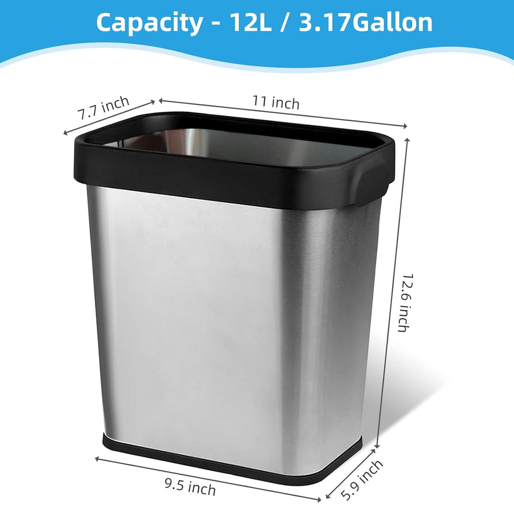 3 Pack Stainless Steel Trash Can 3 Gallon, Open Top Trash Can, 8" x 11" x 13", Rectangle Trash Can Kitchen - Slim and Narrow, Small Trash Can No Lid for Kitchen, Bathroom, Living Room, Office