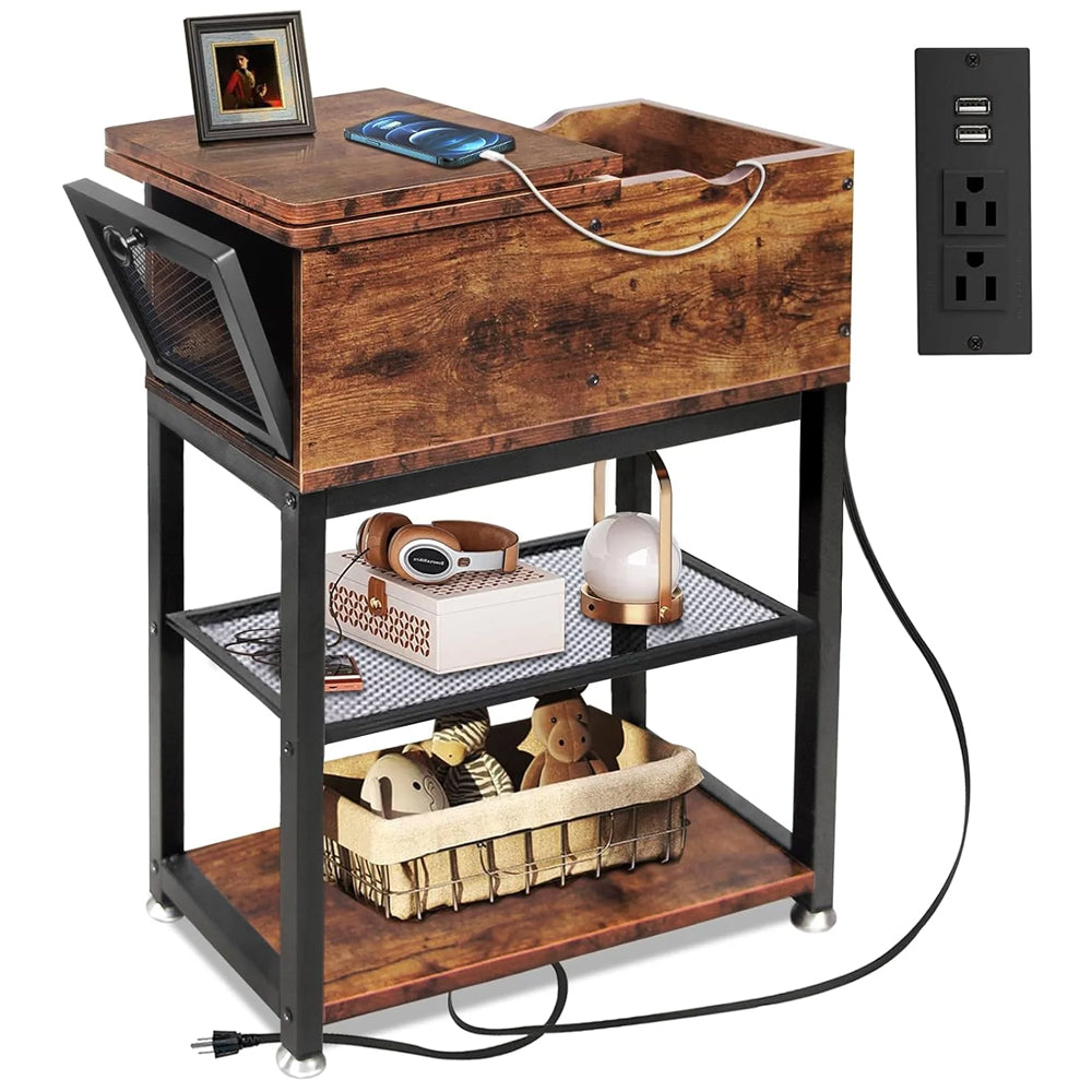 Side Table Living Room with Side Opening and Flip Top,12" D x 24" W x 28" H,Narrow End Table Rustic End Tables with USB Ports and Outlets, Narrow Side Table