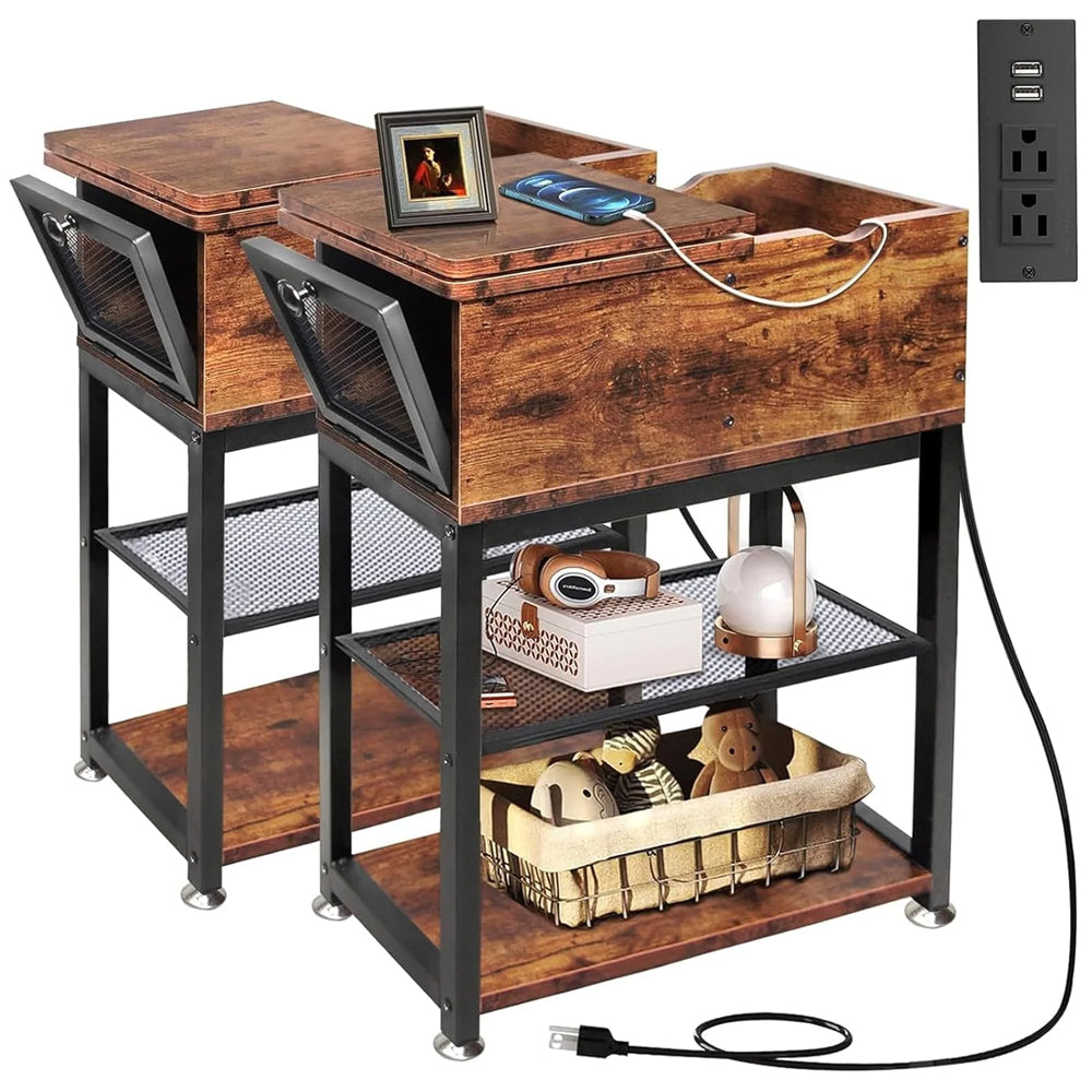 Side Table Living Room with Side Opening and Flip Top, 12" D x 24" W x 28" H, Narrow End Table Rustic End Tables with USB Ports and Outlets, Narrow Side Table(2 Pack)