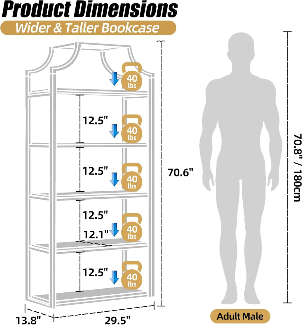 5-Tier Gold Bookcase, Bookshelf for Bedroom, Organizer Rack for Living Room, Gold Freestanding Display Shelf