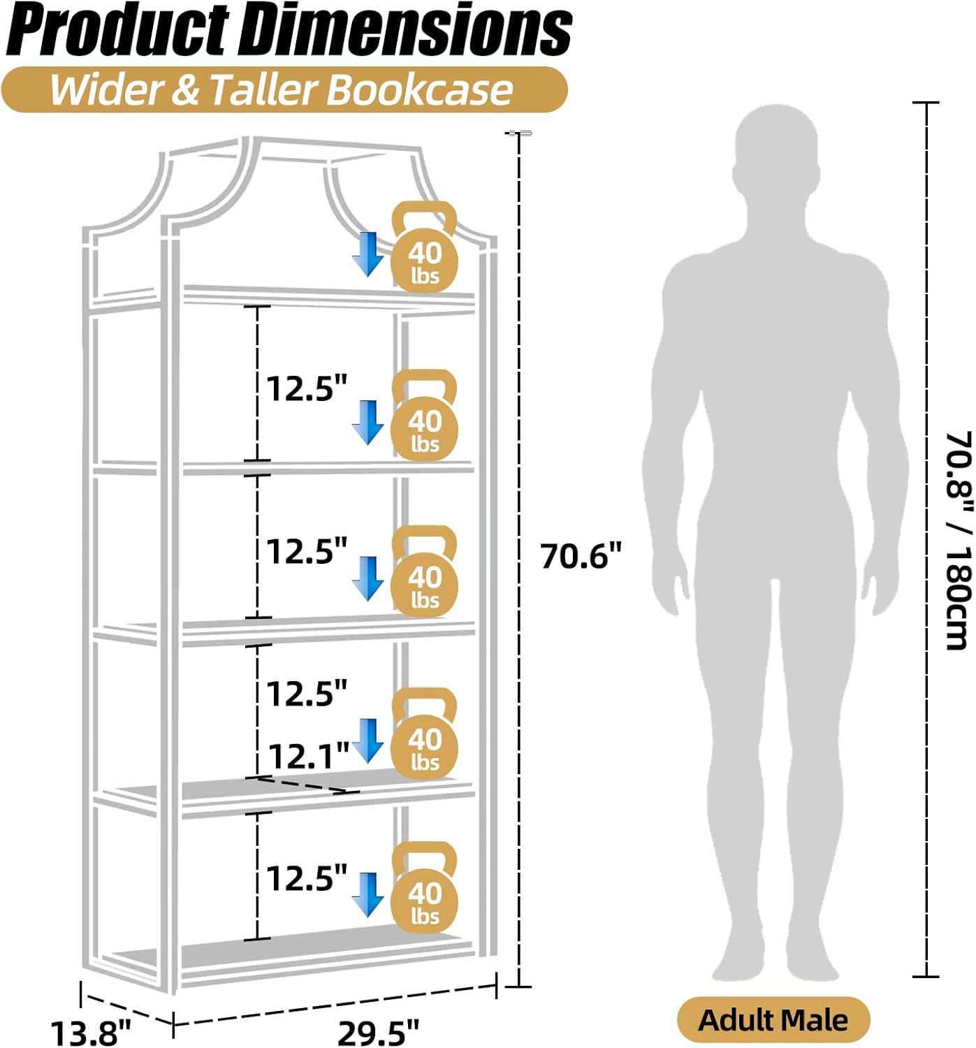 5-Tier Gold Bookcase, Bookshelf for Bedroom, Organizer Rack for Living Room, Gold Freestanding Display Shelf