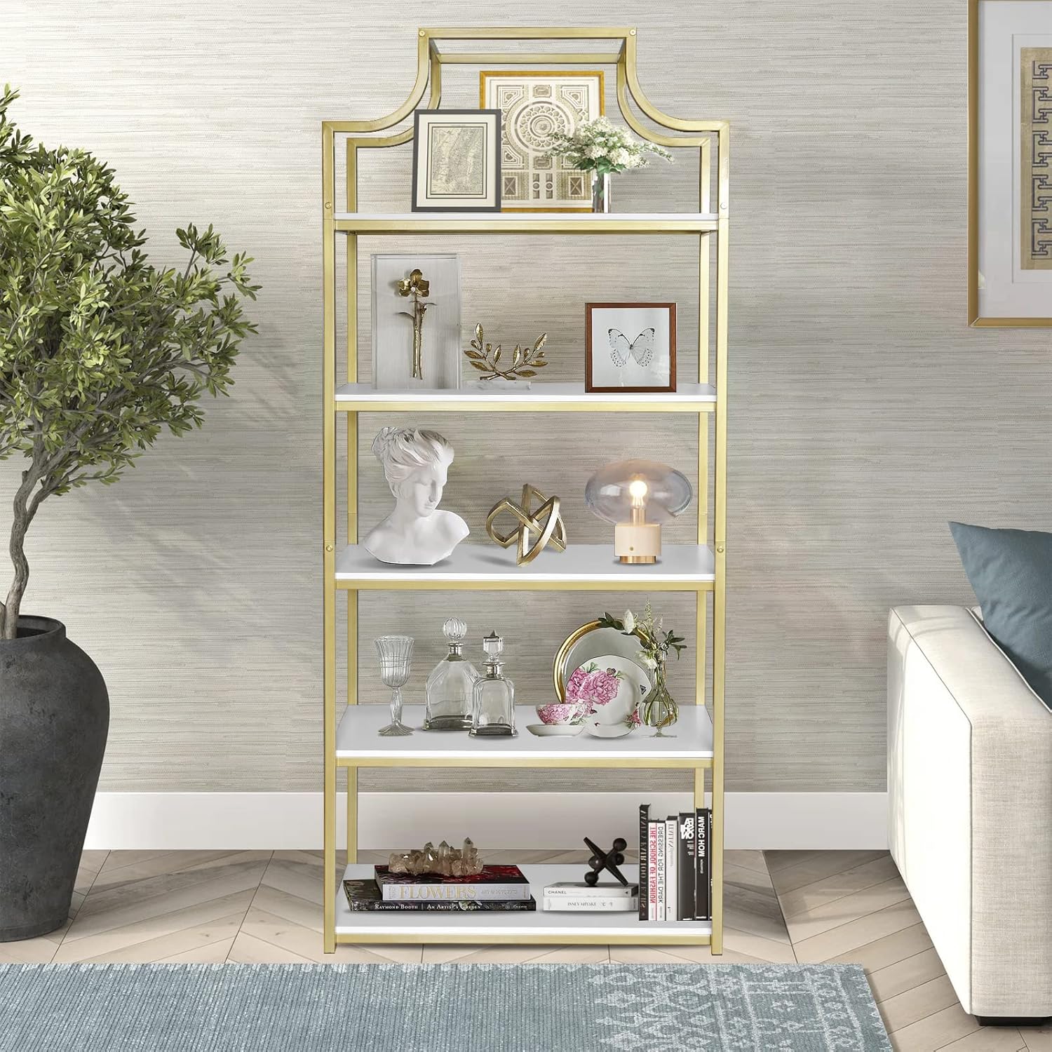 5-Tier Gold Bookcase, Bookshelf for Bedroom, Organizer Rack for Living Room, Gold Freestanding Display Shelf