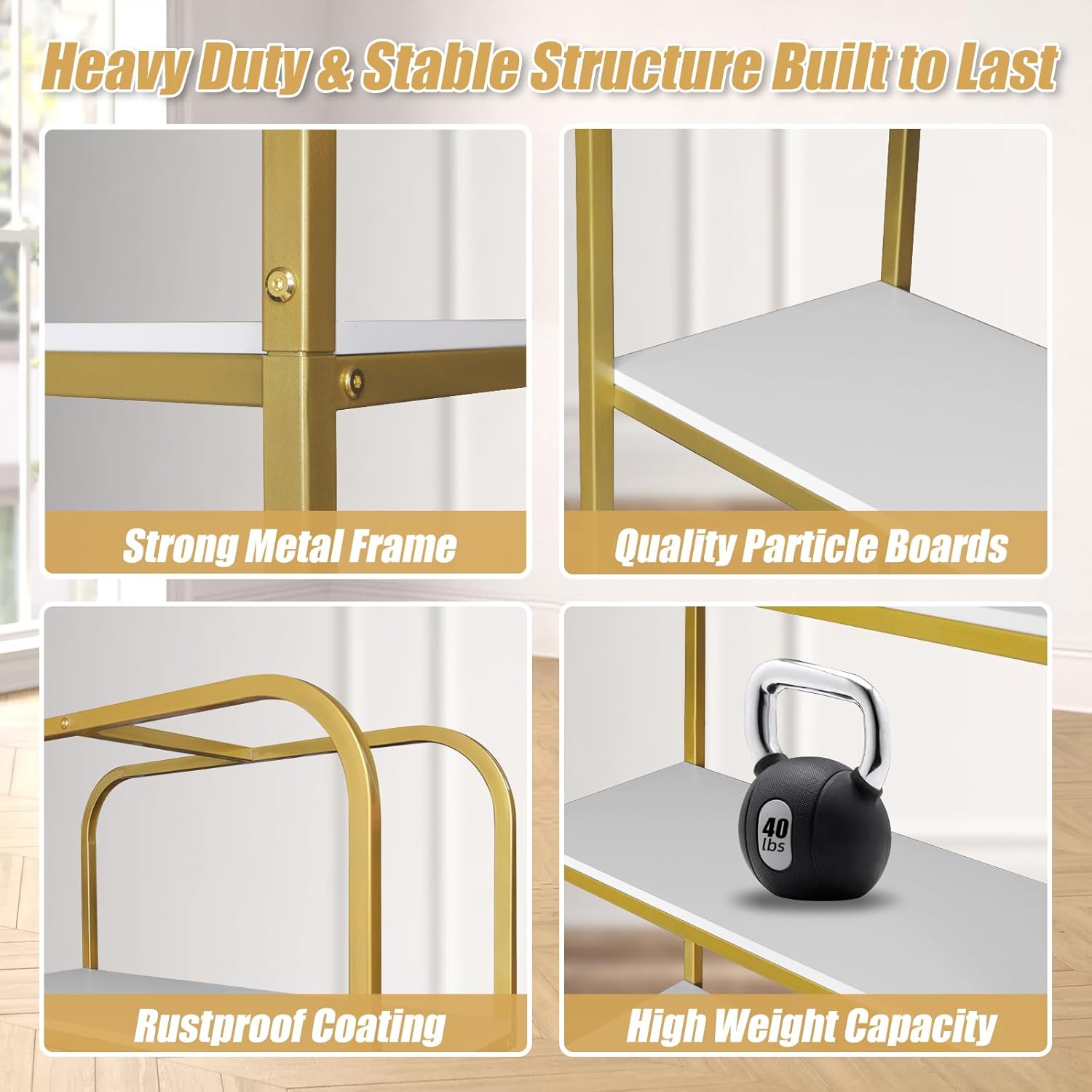 5-Tier Gold Bookcase, Bookshelf for Bedroom, Organizer Rack for Living Room, Gold Freestanding Display Shelf