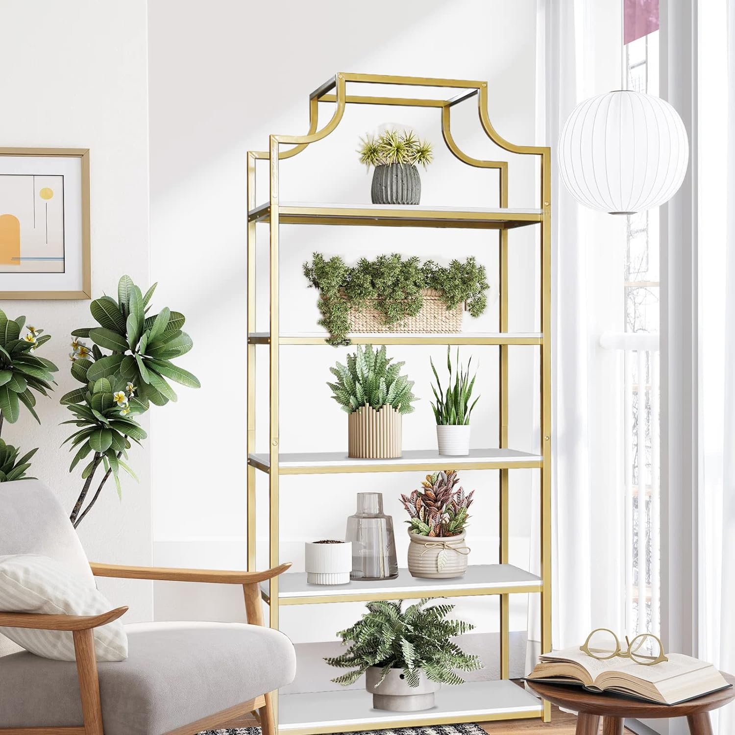 5-Tier Gold Bookcase, Bookshelf for Bedroom, Organizer Rack for Living Room, Gold Freestanding Display Shelf