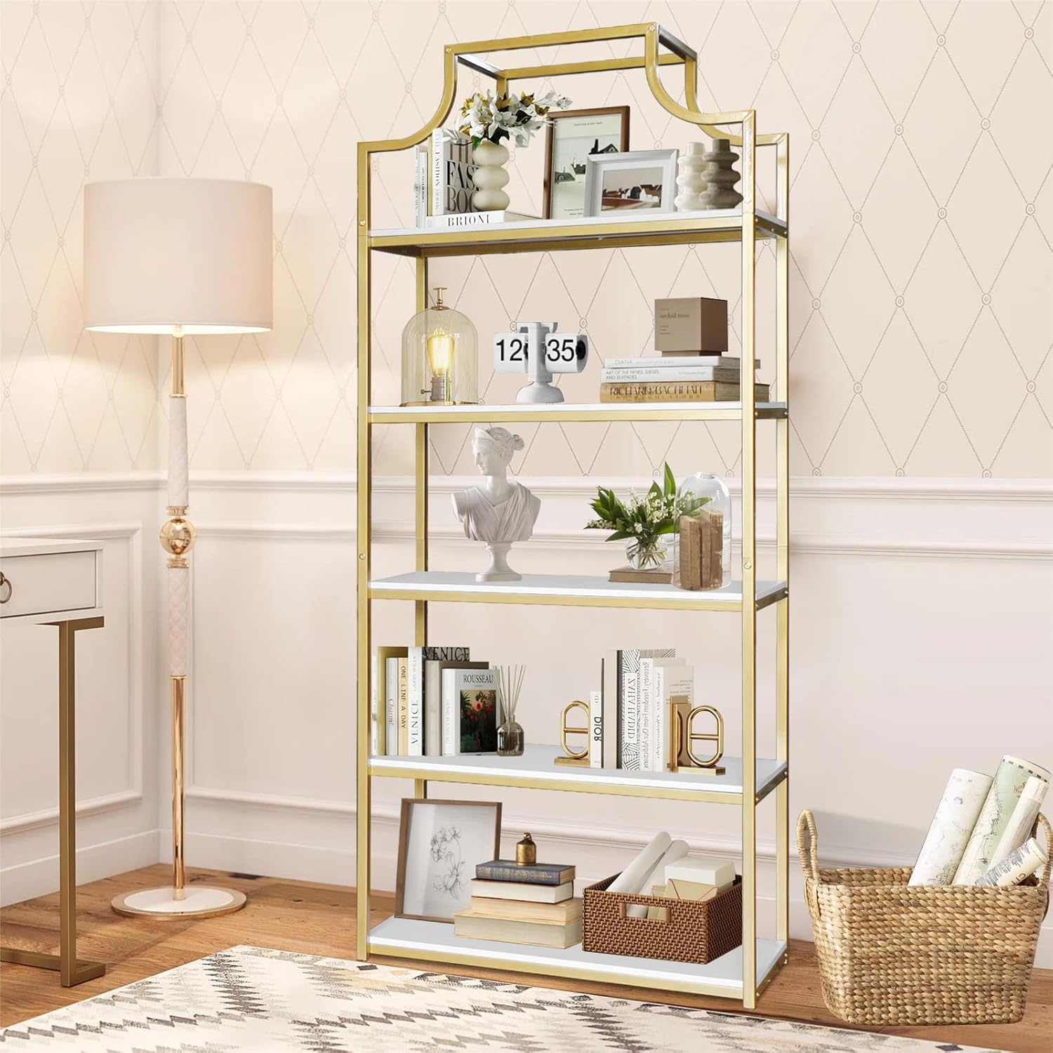 5-Tier Gold Bookcase, Bookshelf for Bedroom, Organizer Rack for Living Room, Gold Freestanding Display Shelf