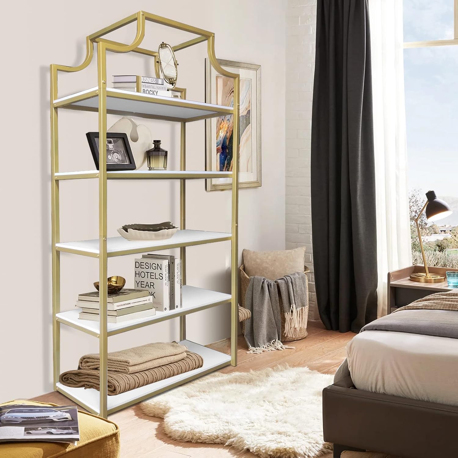 5-Tier Gold Bookcase, Bookshelf for Bedroom, Organizer Rack for Living Room, Gold Freestanding Display Shelf