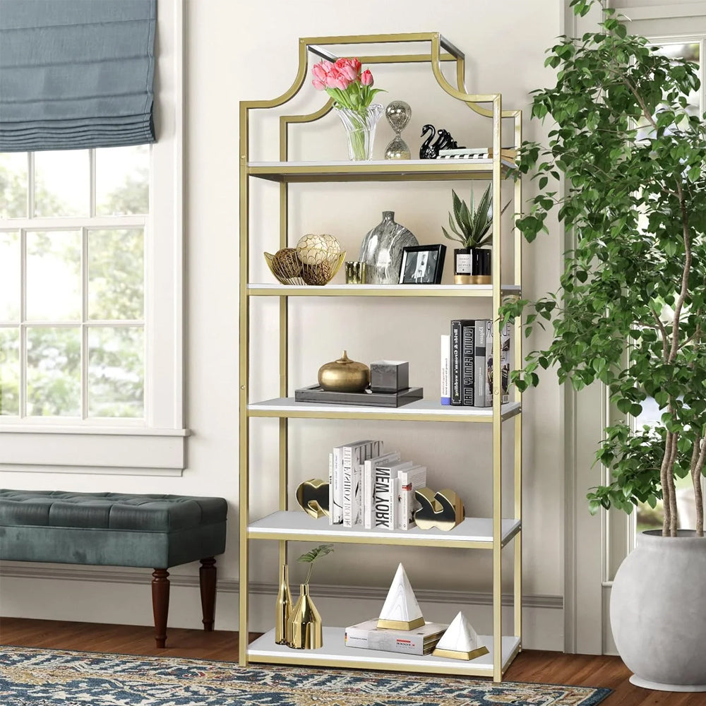 5-Tier Gold Bookcase, Bookshelf for Bedroom, Organizer Rack for Living Room, Gold Freestanding Display Shelf