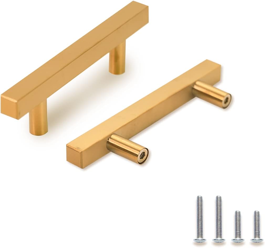 TooCust 2 Pack Brushed Brass Kitchen Cabinet Handles, Cabinet Pulls with 3.75 Inch (96mm) Hole Centers, Gold Dresser Handle with Brushed Finish, Modern Furniture Drawer Knobs