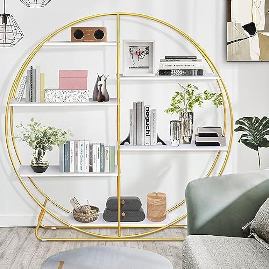 White and Gold Bookshelf Circular Office Bookshelves 57" Tall Arched Book Shelves Open Etagere Bookcase Large Round Book Shelf for Living Room Modern Home
