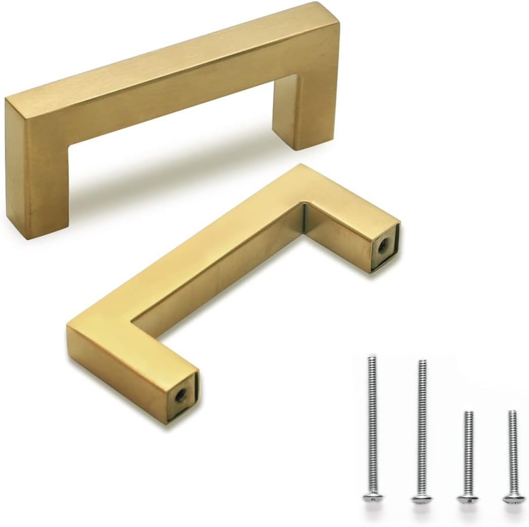 TooCust Brushed Brass Square Drawer Pulls 2 Pack, Modern Gold Cabinet Handles with 3 Inch (76mm) Hole Centers, Kitchen Cabinet Hardware and Dresser Pulls