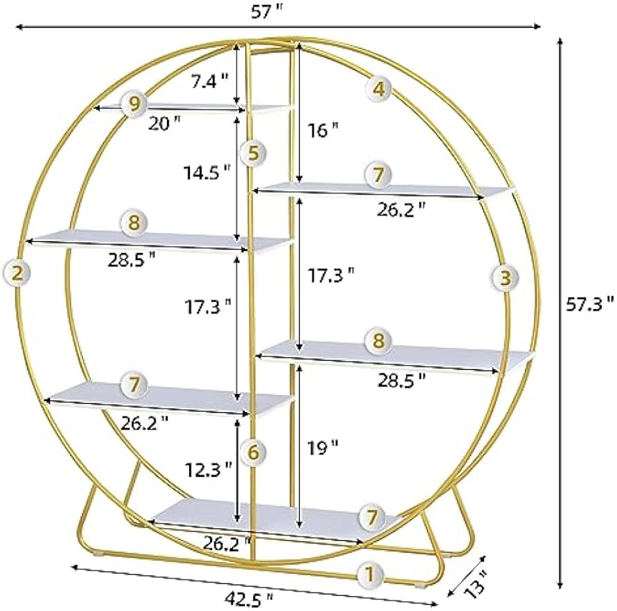 White and Gold Bookshelf Circular Office Bookshelves 57" Tall Arched Book Shelves Open Etagere Bookcase Large Round Book Shelf for Living Room Modern Home
