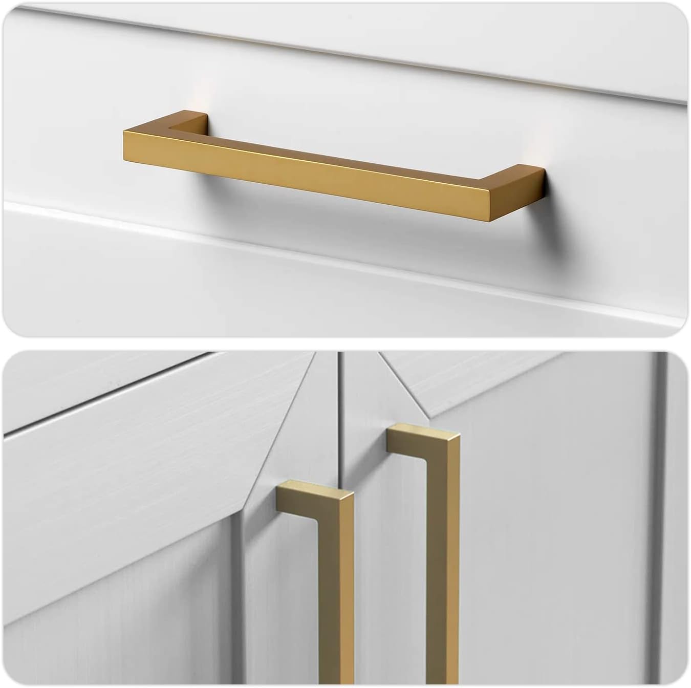 TooCust Brushed Brass Square Drawer Pulls 2 Pack, Modern Gold Cabinet Handles with 3 Inch (76mm) Hole Centers, Kitchen Cabinet Hardware and Dresser Pulls