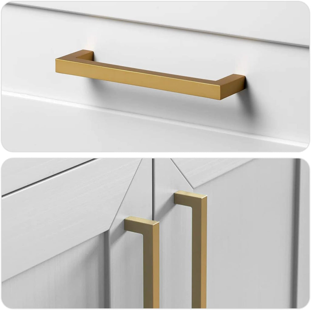 TooCust Brushed Brass Square Drawer Pulls 2 Pack, Modern Gold Cabinet Handles with 4 Inch (102mm) Hole Centers, Kitchen Cabinet Hardware and Dresser Pulls