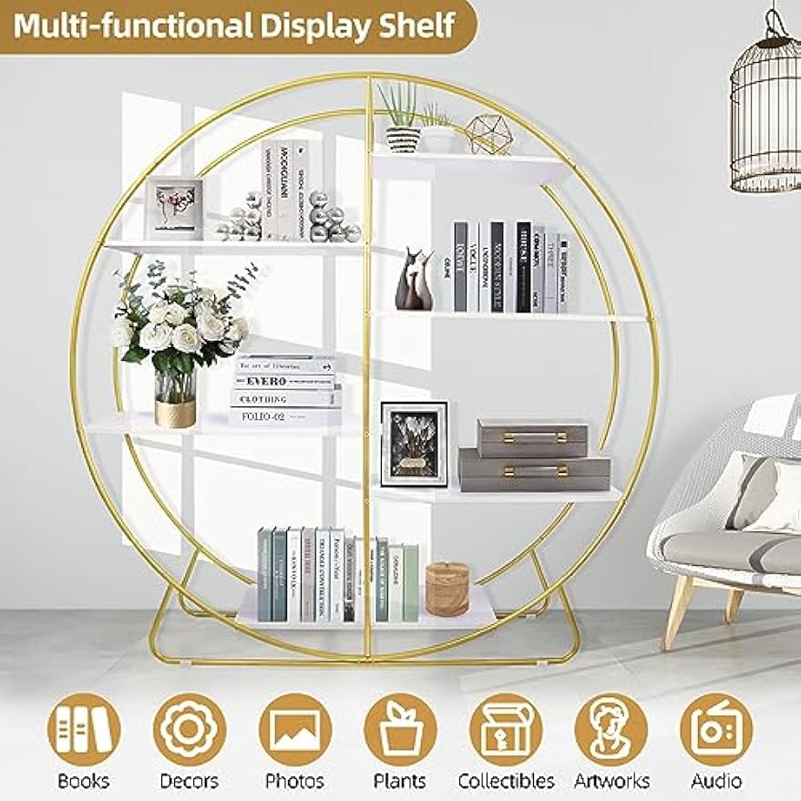 White and Gold Bookshelf Circular Office Bookshelves 57" Tall Arched Book Shelves Open Etagere Bookcase Large Round Book Shelf for Living Room Modern Home
