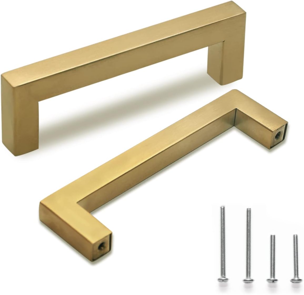 TooCust Brushed Brass Square Drawer Pulls 2 Pack, Modern Gold Cabinet Handles with 4 Inch (102mm) Hole Centers, Kitchen Cabinet Hardware and Dresser Pulls