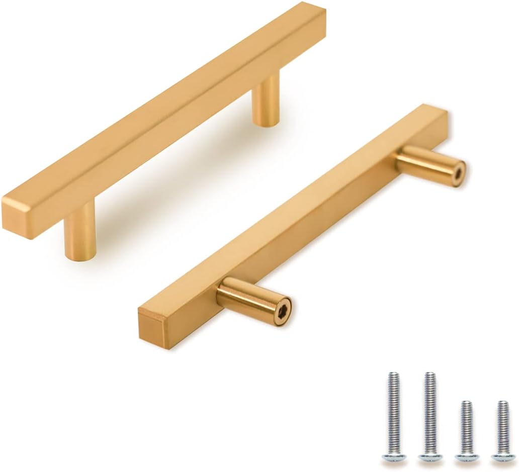 TooCust 2 Pack Brushed Brass Kitchen Cabinet Handles, Cabinet Pulls with 8 Inch (204mm) Hole Centers, Gold Dresser Handle with Brushed Finish, Modern Furniture Drawer Knobs