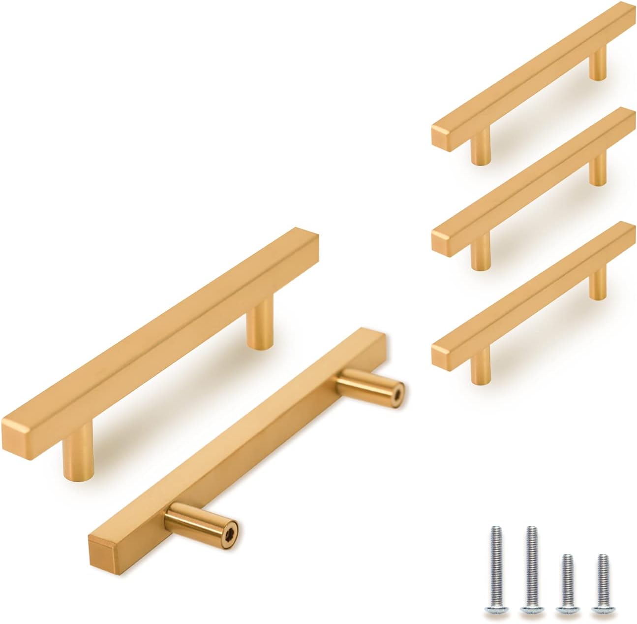 TooCust 2 Pack Brushed Brass Kitchen Cabinet Handles, Cabinet Pulls with 3.75 Inch (96mm) Hole Centers, Gold Dresser Handle with Brushed Finish, Modern Furniture Drawer Knobs