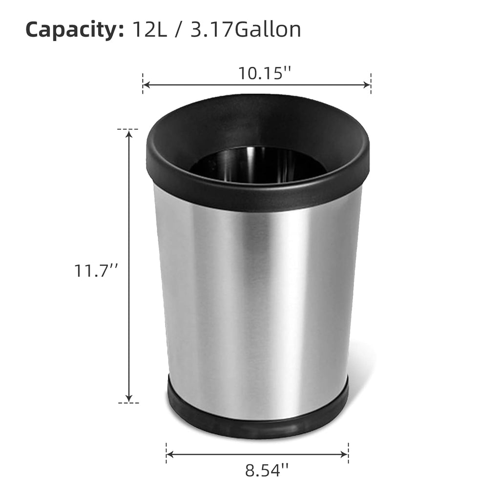 12 L / 3 Gallon Stainless Steel Trash Can, Round Small Metal Trash Can 2 Pack, No Lid, 8.5" x 10" x 12", Modern Garbage Can Open Top, Silver Bathroom Trash Can for Kitchen, Bedroom, Home Office